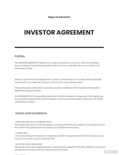 startup investor agreement template