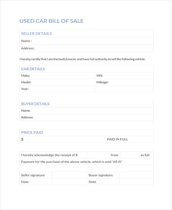 used-car-bill-of-sale-template
