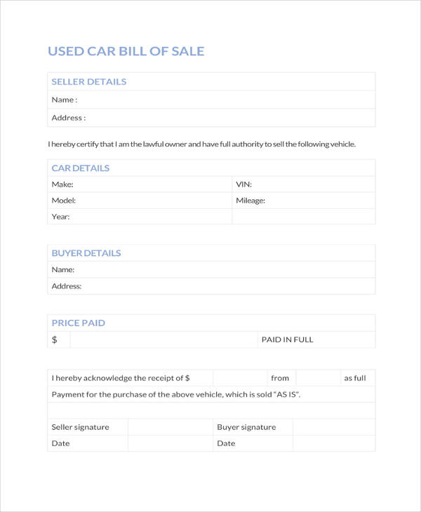 used car bill of sale template