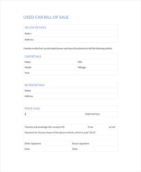 used car bill of sale template