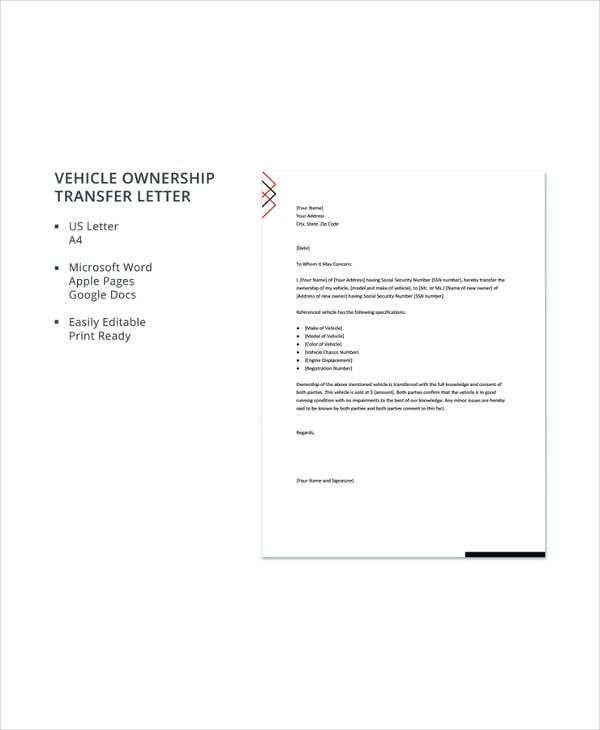 vehicle ownership transfer letter