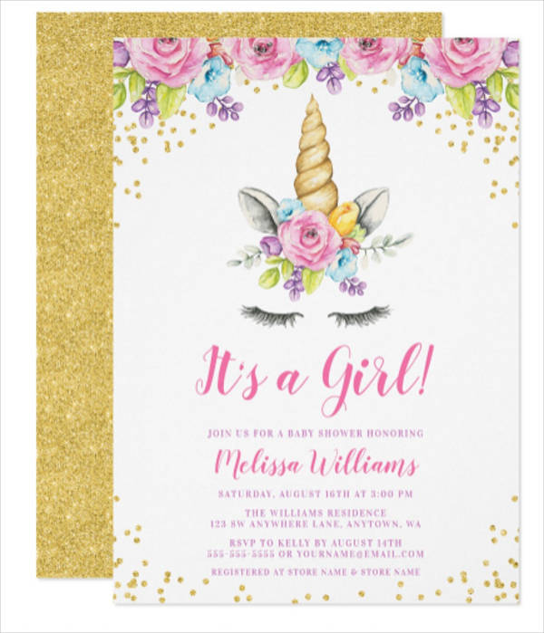 watercolor floral unicorn baby shower invitations