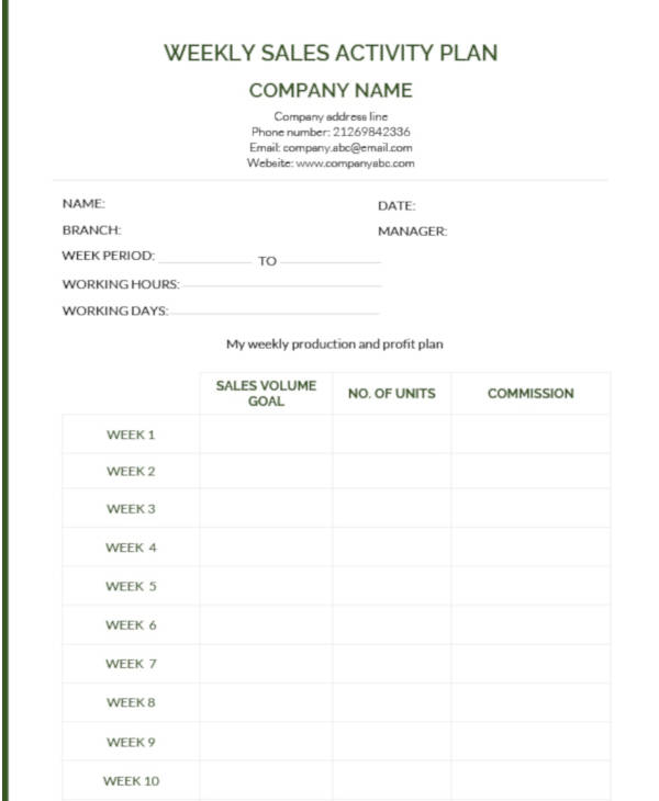 weekly sales activity plan template