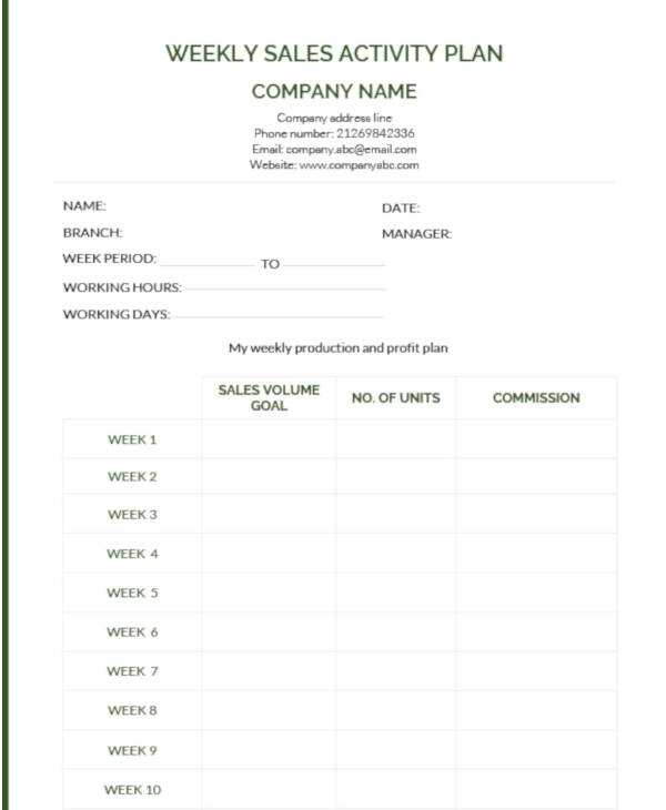 10  Weekly Sales Plan Templates PDF Word Apple Pages