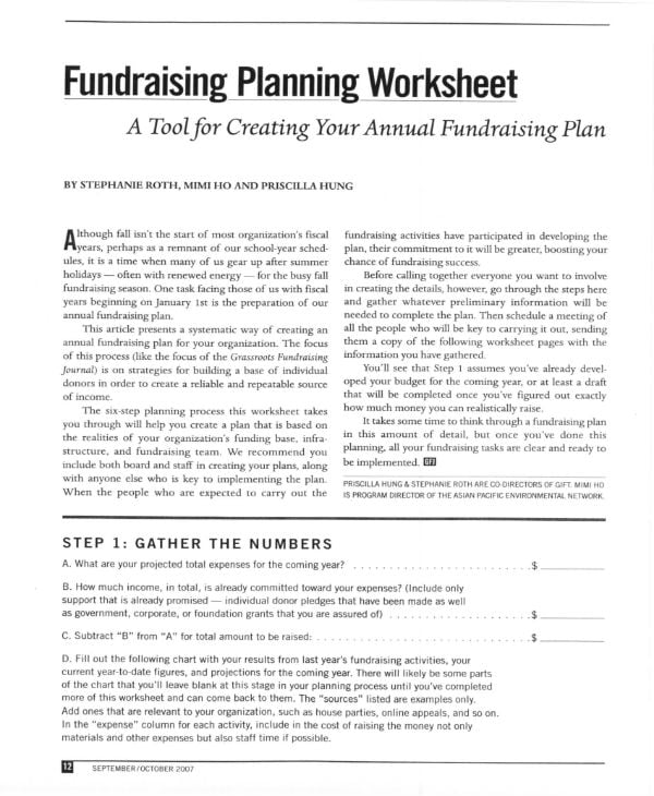 fundraising planning worksheet