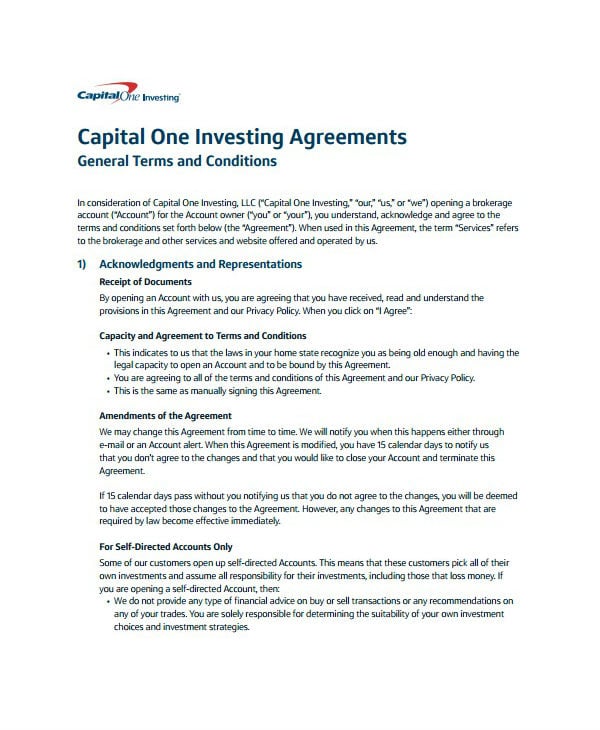 capital one personal account investment agreement