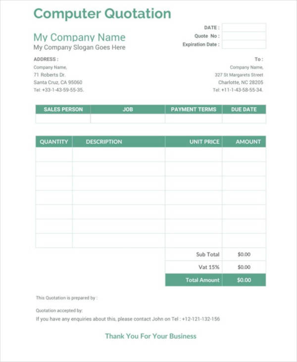 computer price quotation word template