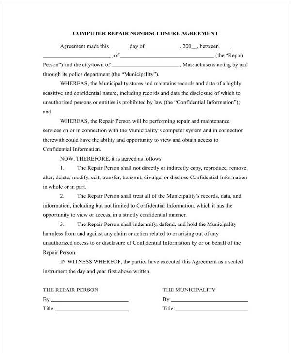 computer repair confidentiality agreement sample