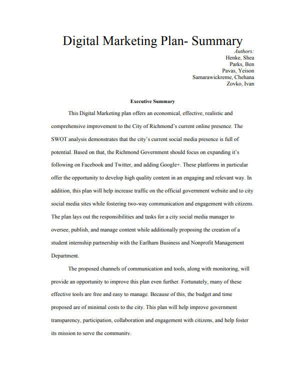 Marketing Plan Executive Summary Pdf