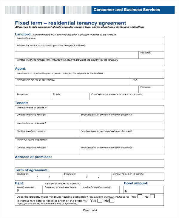 Fixed Term Tenancy Agreement Template