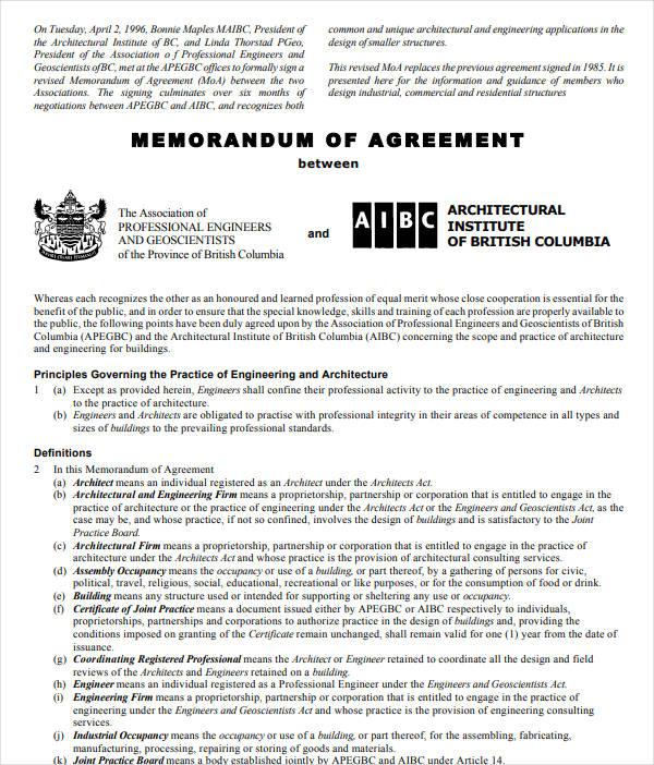 formal memorandum agreement for engineers
