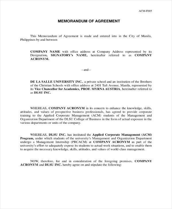 11 Formal Memorandum Of Agreement Templates PDF
