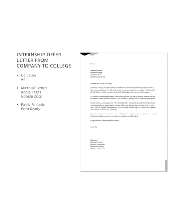 internship offer letter from company to college