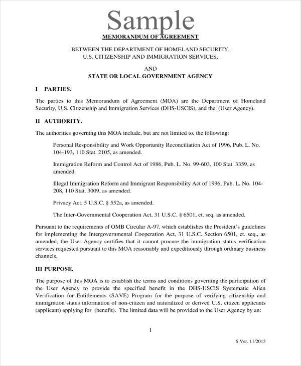 11 Formal Memorandum Of Agreement Templates PDF