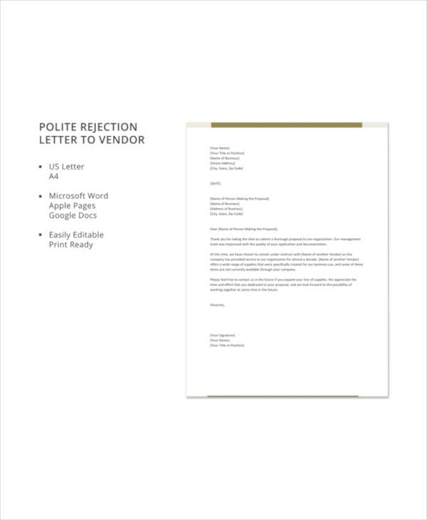polite rejection letter to vendor