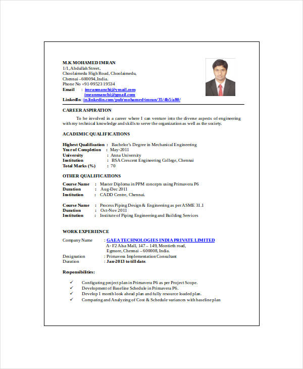 resume format for freshers diploma in mechanical engineering