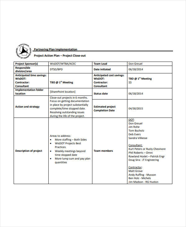 project action plan example