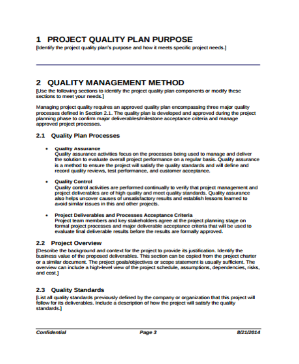 project quality plan template