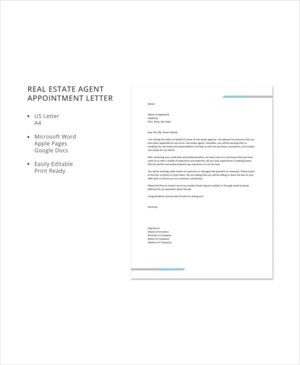 real estate agent appointment letter