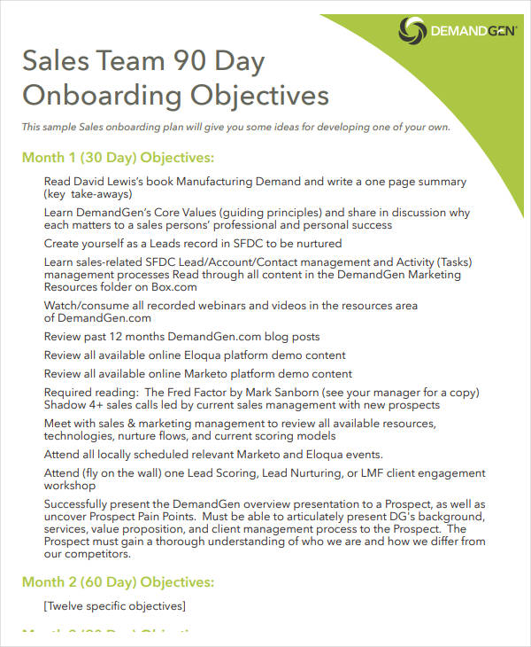 sales team 90 day onboarding objective plan
