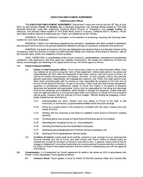 4  Executive Employee Agreement Templates PDF