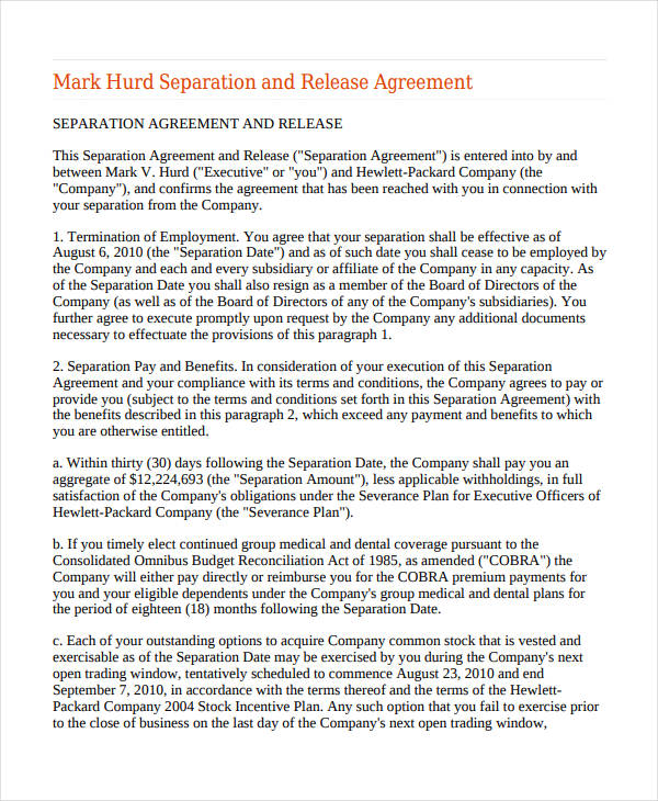 separation and release agreement example