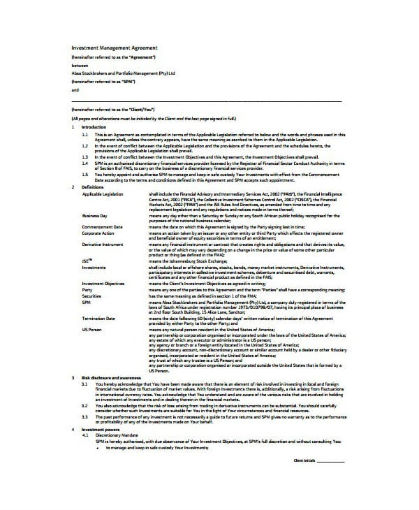 stock management personal investment agreement template