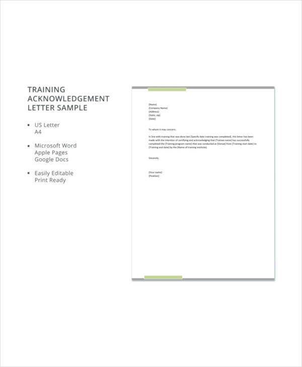 training acknowledgement letter sample