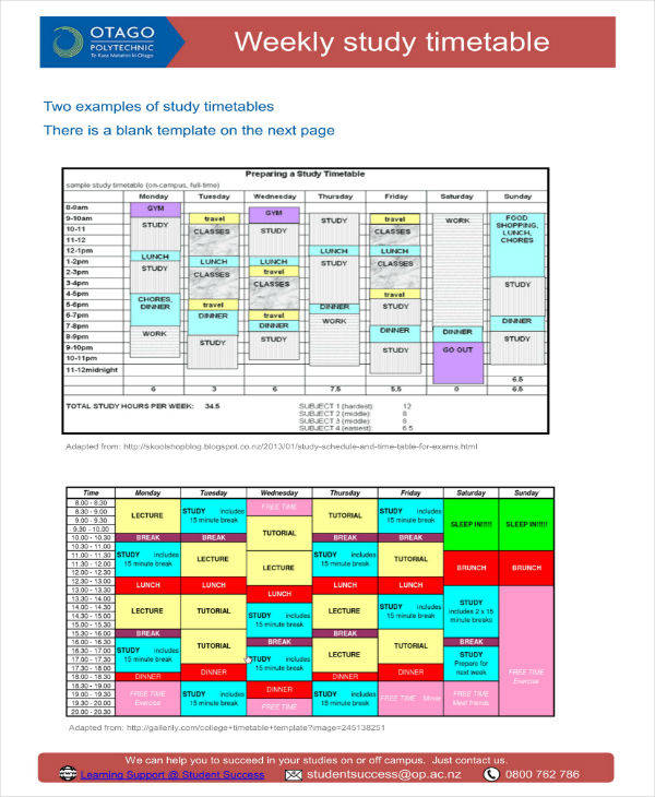 weekly study timetable sample