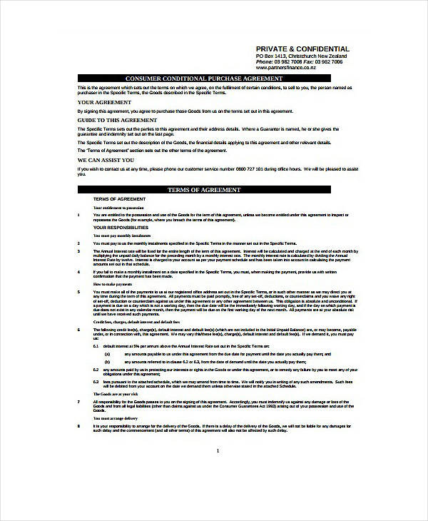 consumer conditional purchase agreement template