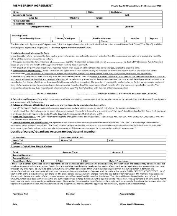 gym membership agreement contract