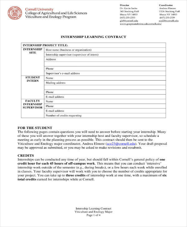 internship learning contract sample
