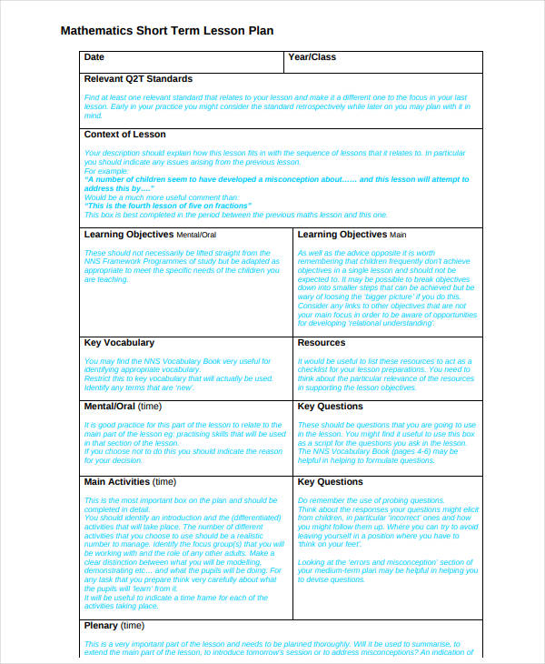 mathematics short term lesson plan