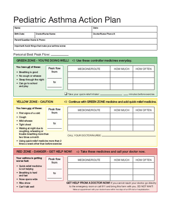 pediatric asthma action plan example format