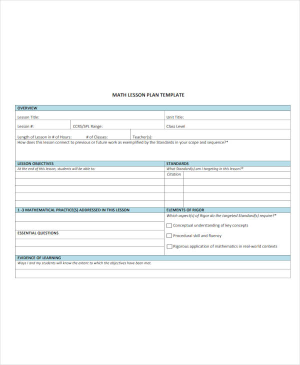 7+ Math Lesson Plan Template Free PDF, Word Format