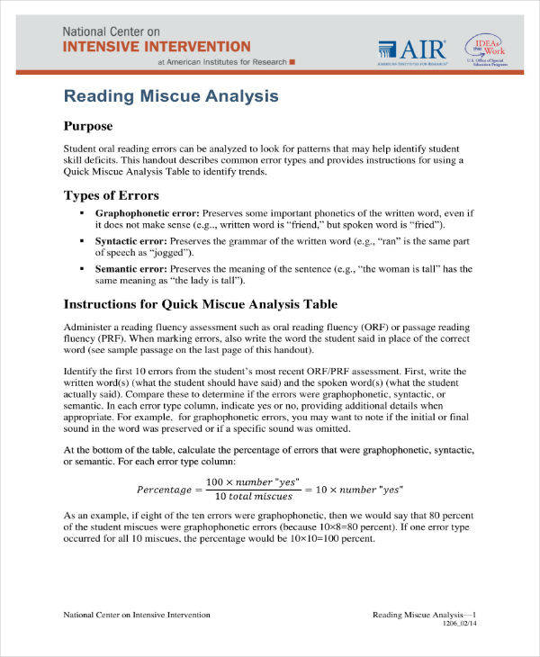 reading miscue analysis example