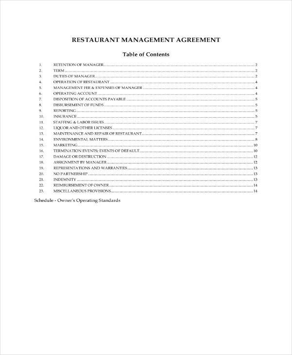 restaurant management agreement sample