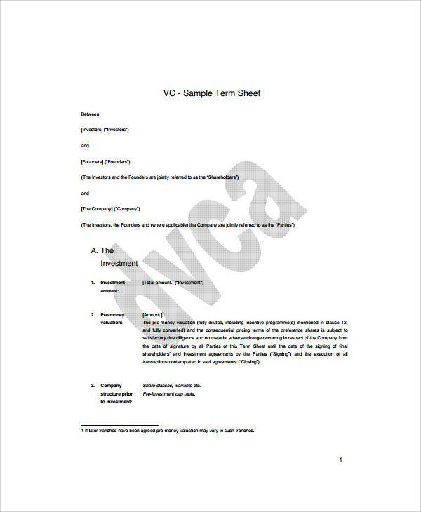 Sample Term Sheet and Venture Capital Agreement