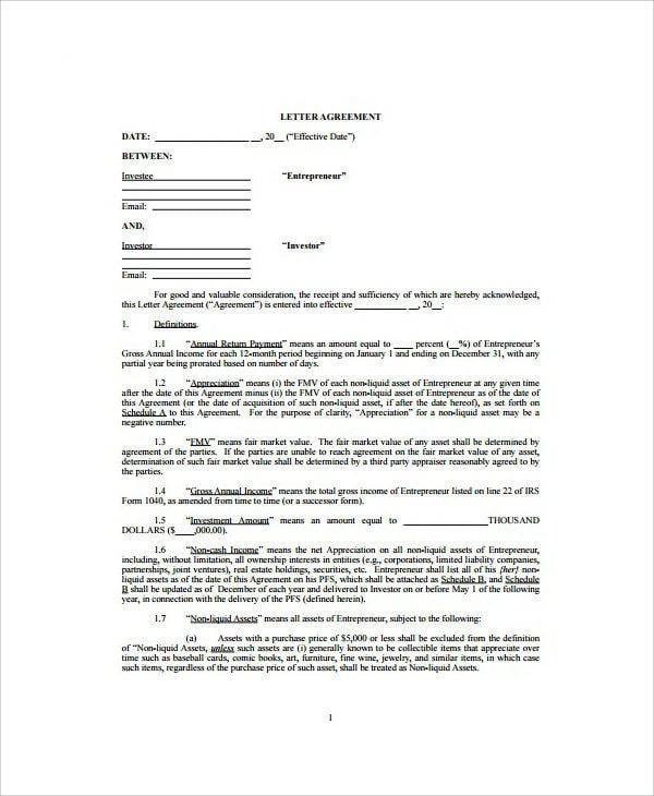 venture capital letter investment agreement