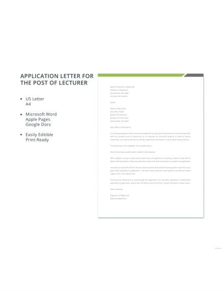 application letter for the post of lecturer