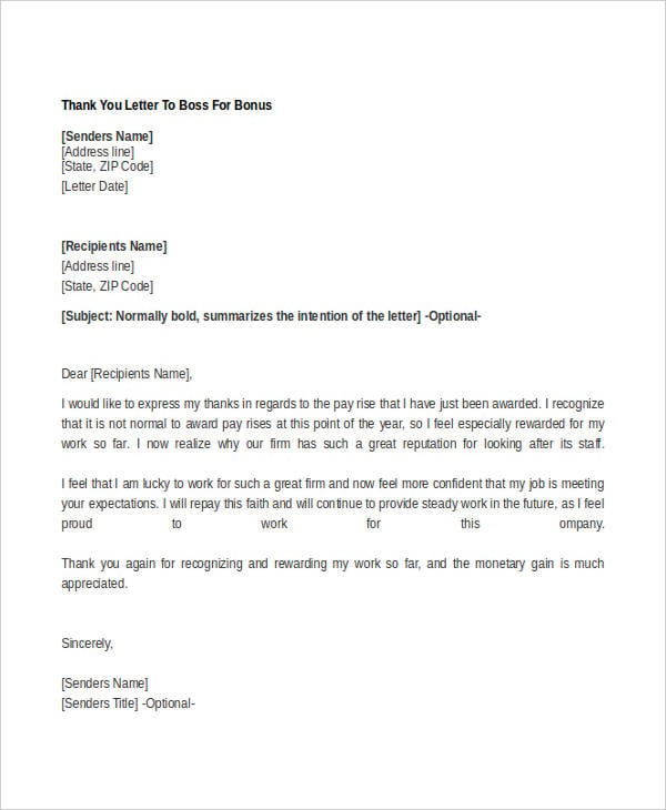Letter of appreciation to boss