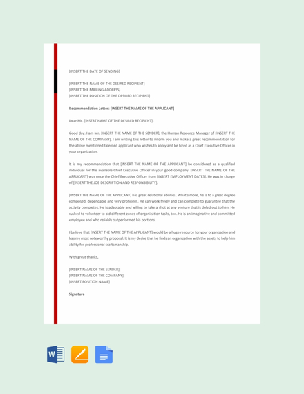 ceo recommendation letter sample