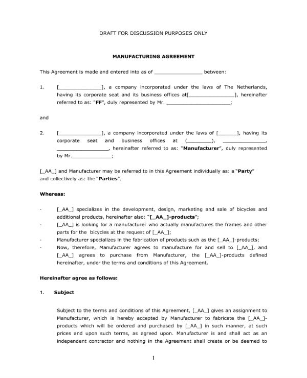 Toll Manufacturing Agreement Template