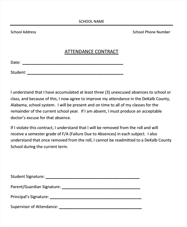 8 Student Attendance Contract Templates PDF