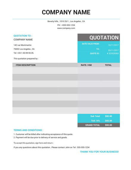 taxi quotation template