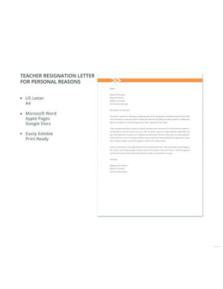 Teacher Resignation Letter for Personal Reasons Template
