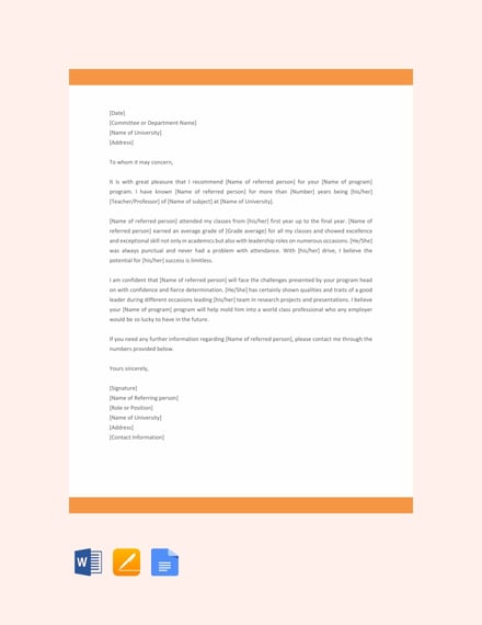 academic reference letter template