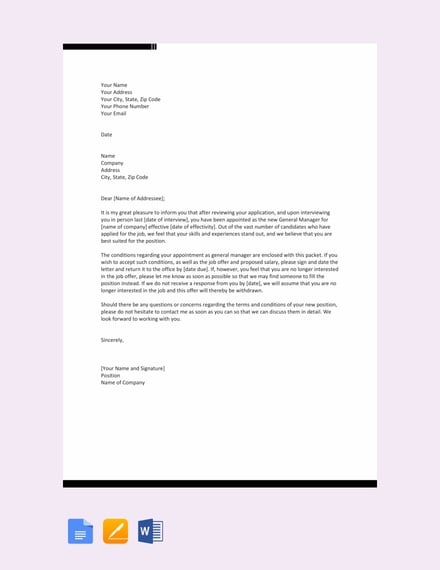 appointment letter for general manager