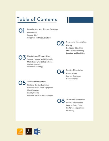 business plan table of contents template