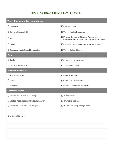 Business Travel Itinerary Checklist Template